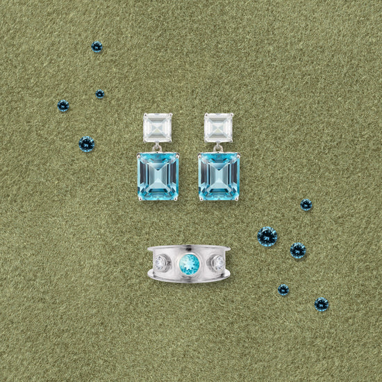 9ct white gold fine jewellery set of drop earrings and statement ring with sky blue topaz and white topaz gemstones