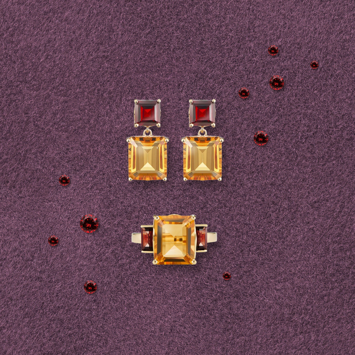 9ct yellow gold fine jewellery set of drop earrings and cocktail ring with citrine and garnet gemstones