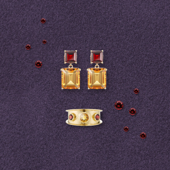 9ct yellow gold fine jewellery set of drop earrings and statement ring with citrine and garnet gemstones