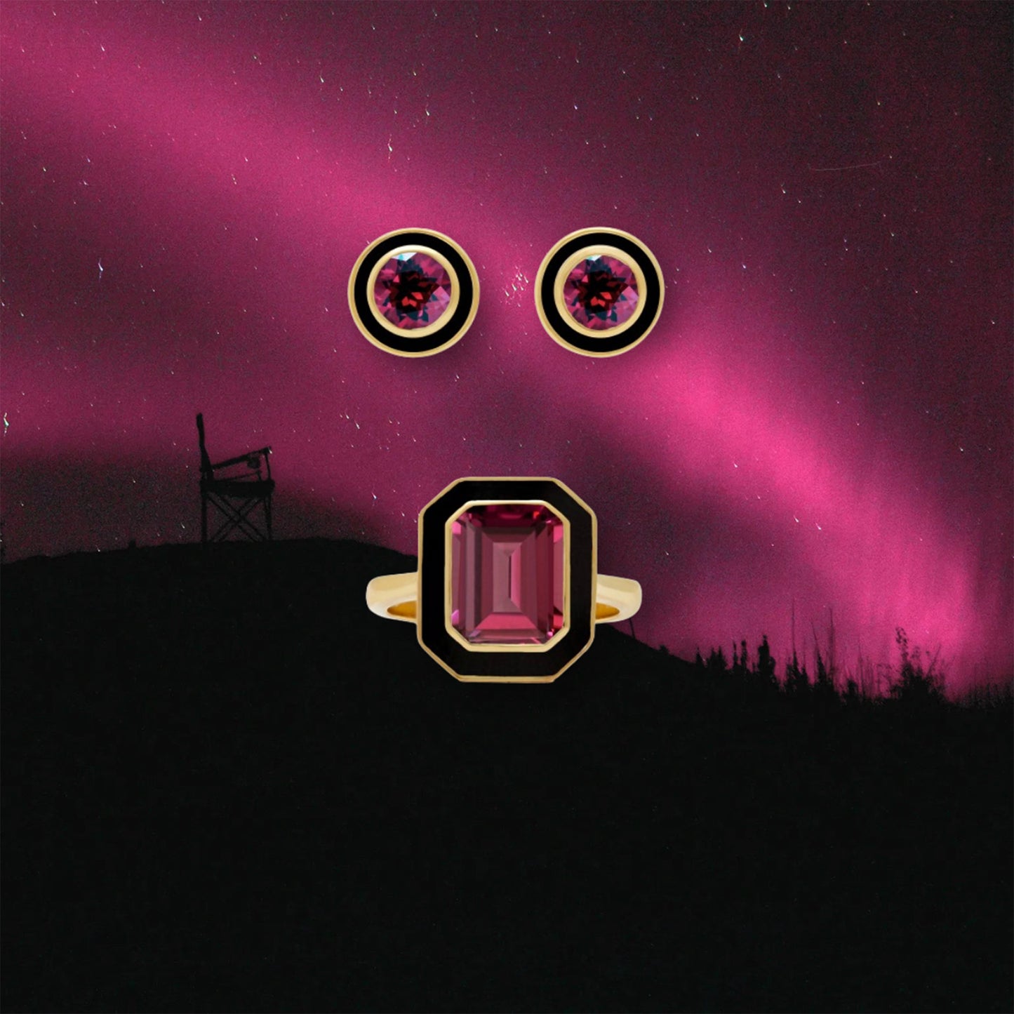 Aurora Rhodolite and Black Enamel Cocktail Ring and Studs