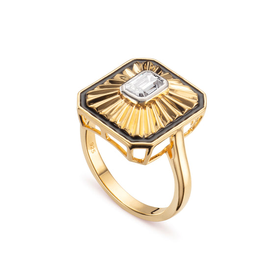 New York Collection Art Deco Diamond Gold Cocktail Ring with a 0.5ct octagon cut diamond and black enamel from Augustine Jewels