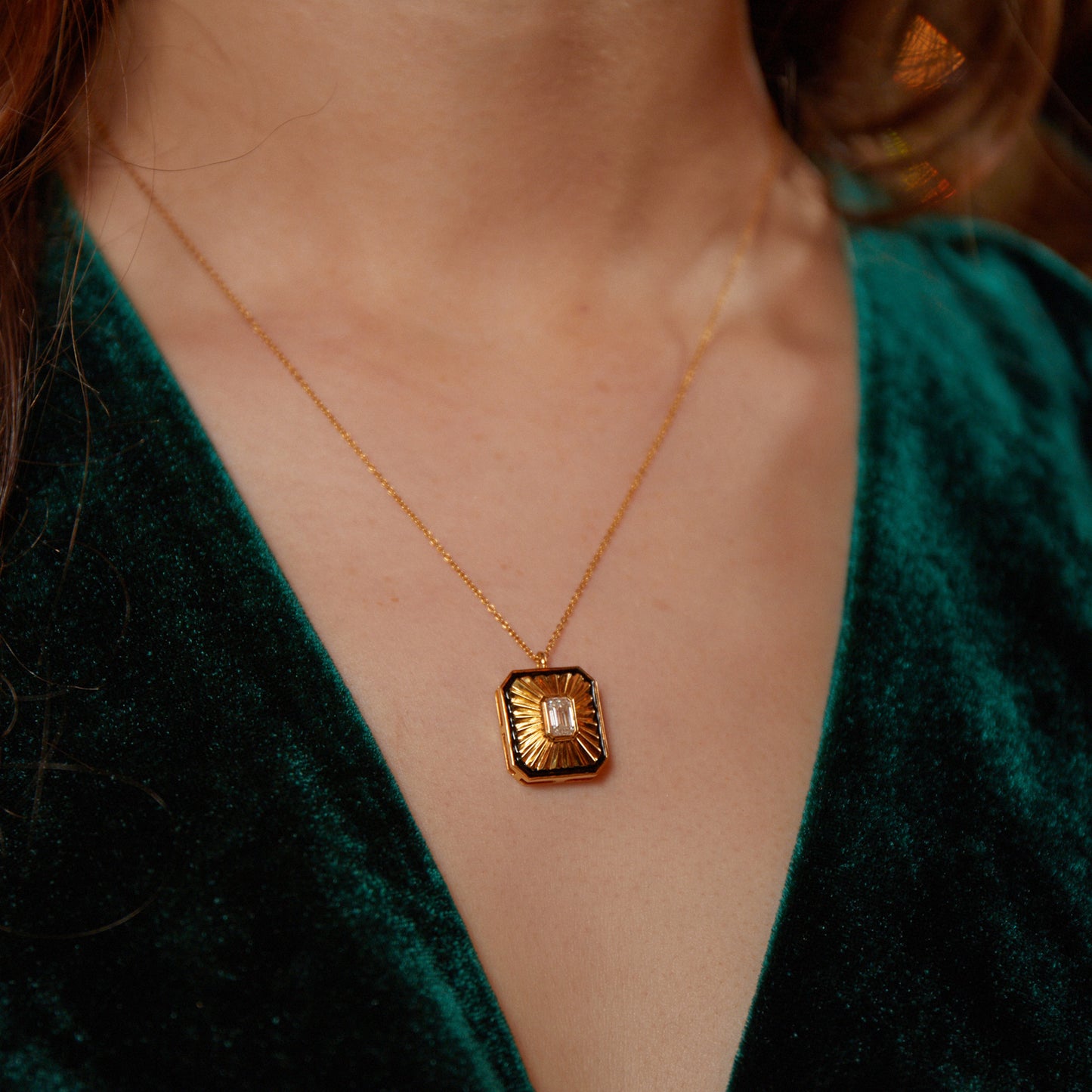 Model wearing New York Collection Art Deco Diamond Gold Necklace with a 0.5ct octagon cut diamond and black enamel from Augustine Jewels