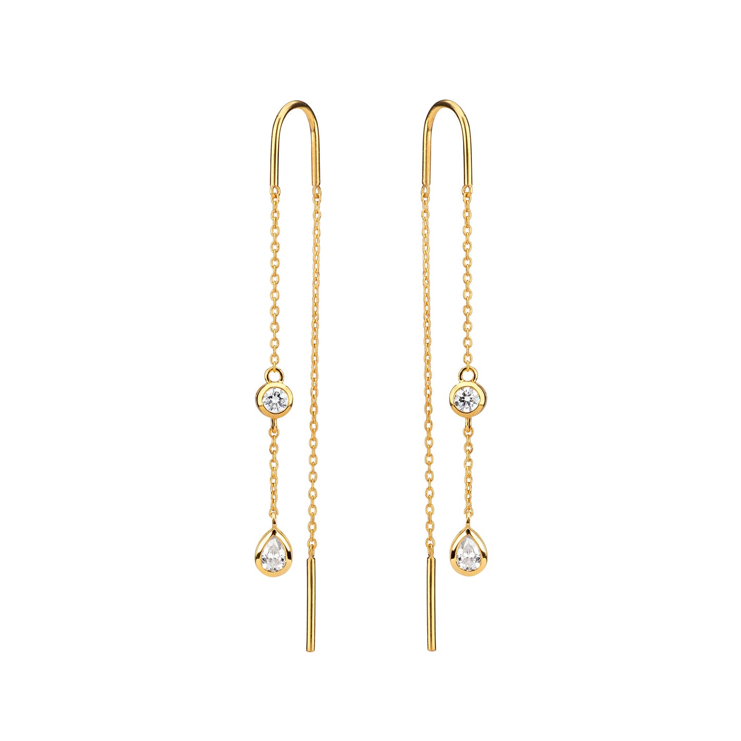 Minimalist Bezel-Set Pear Cut and Round Cut Diamonds and Delicate Yellow Gold Chain Threader Earrings