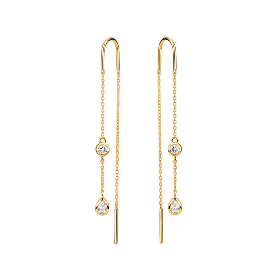 Minimalist Bezel-Set Pear Cut and Round Cut Diamonds and Delicate Yellow Gold Chain Threader Earrings