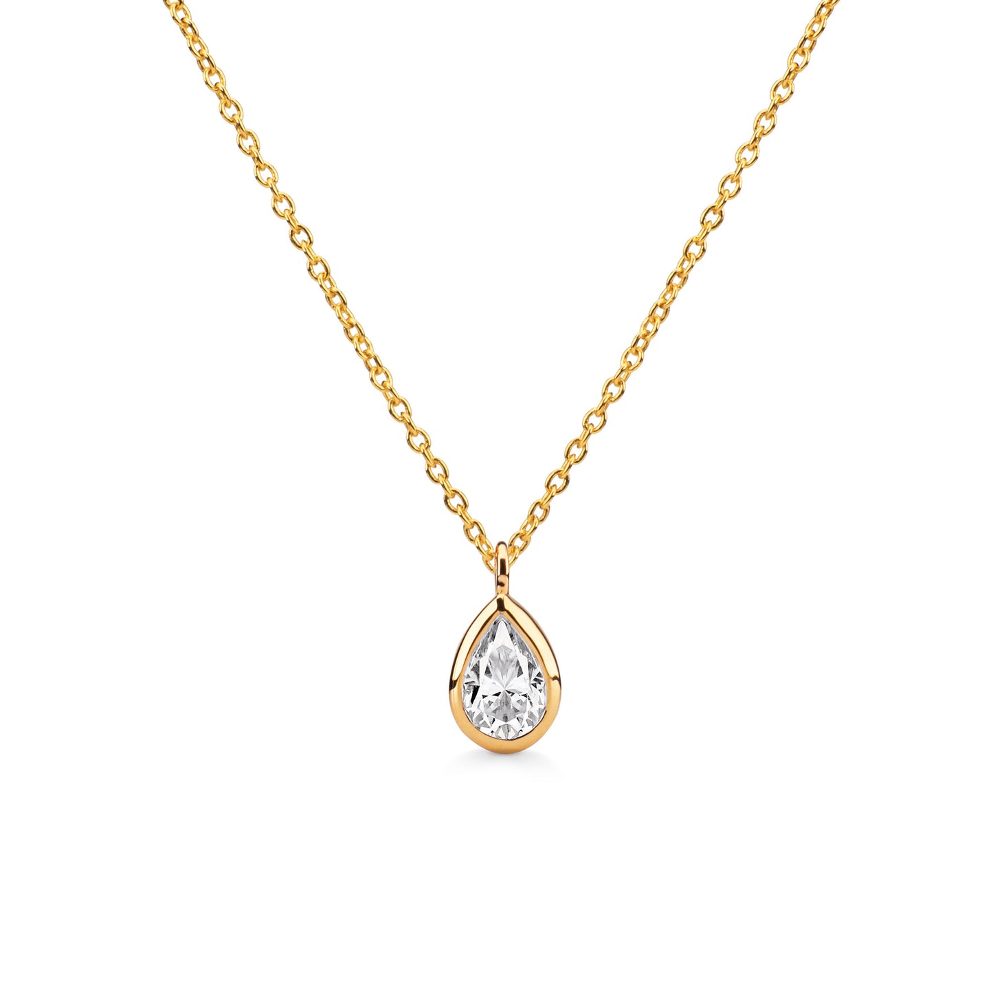 Minimalist Pear Cut Diamond and Yellow Gold Bezel-Set Pendant Necklace