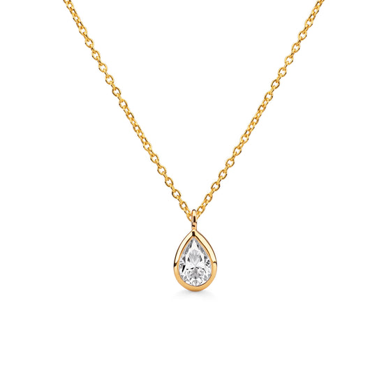 Minimalist Pear Cut Diamond and Yellow Gold Bezel-Set Pendant Necklace