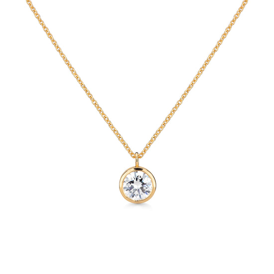 Minimalist Round Cut Diamond and Yellow Gold Bezel-Set Pendant Necklace