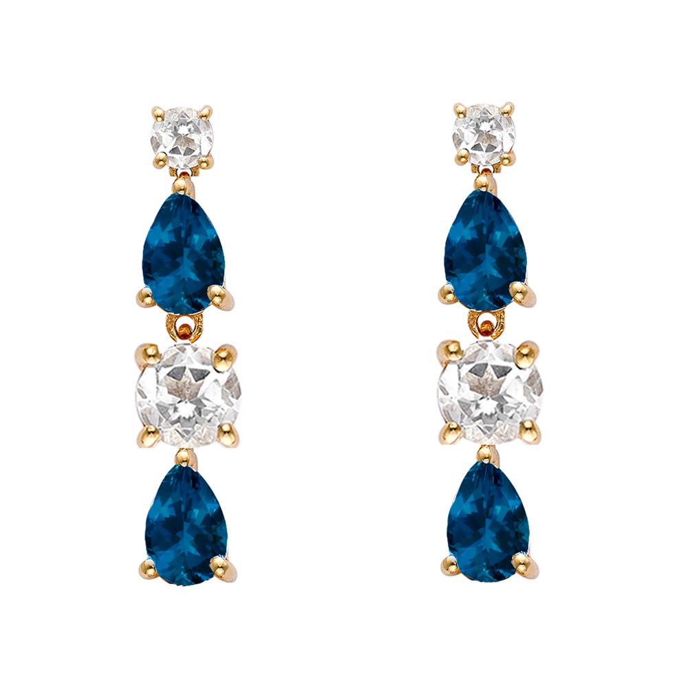 Short Teal Topaz and White Topaz Drop Earrings in Yellow Gold